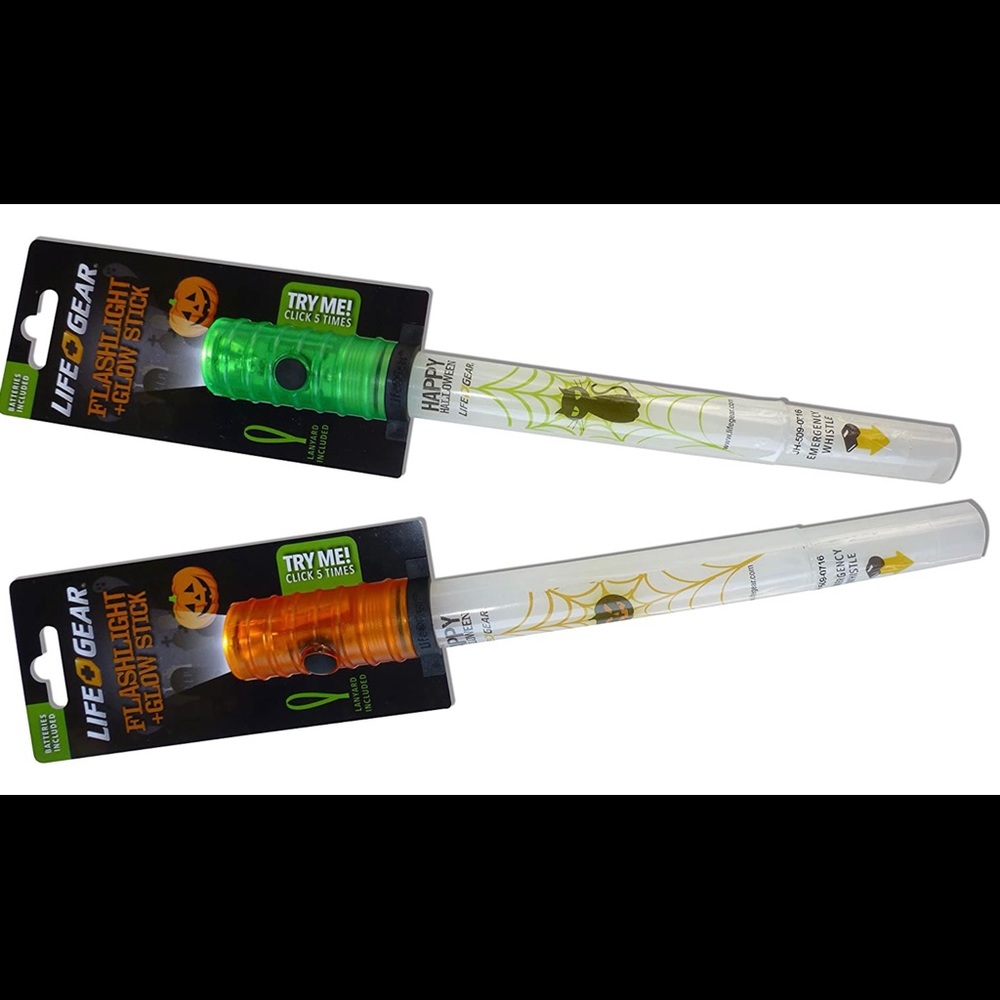 Life Gear Halloween Flashlight Glow Stick w Whistle and Lanyard, 2 Pieces